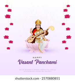 Happy Vasant Panchami Puja vector illustration design. Indian festival Vasant Panchami (Saraswati Jayanti) dedicated to Devi Saraswati.  Goddess Saraswati puja day.