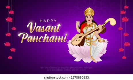 Happy Vasant Panchami Puja vector illustration design. Indian festival Vasant Panchami (Saraswati Jayanti) dedicated to Devi Saraswati.  Goddess Saraswati puja day.