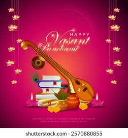 Happy Vasant Panchami Puja vector illustration design. Indian festival Vasant Panchami (Saraswati Jayanti) dedicated to Devi Saraswati.  Goddess Saraswati puja day.