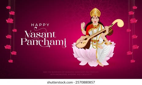 Happy Vasant Panchami Puja vector illustration design. Indian festival Vasant Panchami (Saraswati Jayanti) dedicated to Devi Saraswati.  Goddess Saraswati puja day.