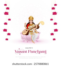 Happy Vasant Panchami Puja vector illustration design. Indian festival Vasant Panchami (Saraswati Jayanti) dedicated to Devi Saraswati.  Goddess Saraswati puja day.