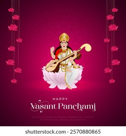 Happy Vasant Panchami Puja vector illustration design. Indian festival Vasant Panchami (Saraswati Jayanti) dedicated to Devi Saraswati.  Goddess Saraswati puja day.