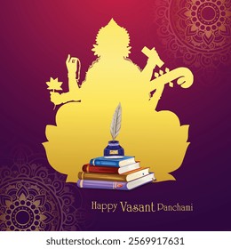 Happy vasant panchami religious festival with goddess saraswati background