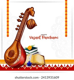 Happy Vasant Panchami religious Indian festival background with Veena design vector