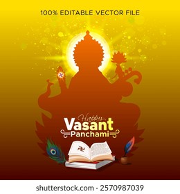 Happy Vasant Panchami. Silhouette illustration of Devi Saraswati puja background. Hindu festival of India. Greeting card, post, banner, template design.