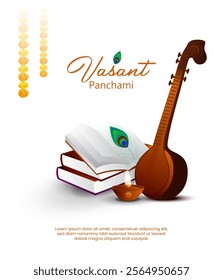 Happy Vasant Panchami, a traditional Indian festival greeting card background religious Saraswati puja