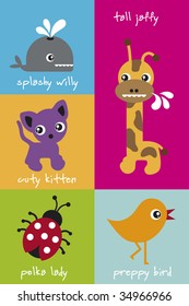 Felices vectores animales para niños - gatos de ballena, pájaro de insectos y jirafa
