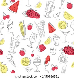 Happy vector doodle with coffee, cocktail glasses and fruit. Seamless pattern.