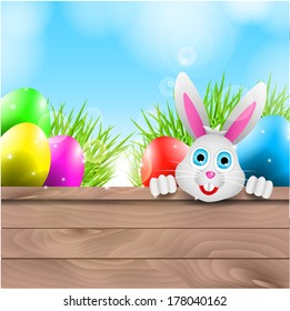 Happy Vector Easter Background with Bunny and Colorful Eggs