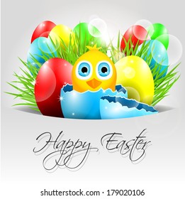 Happy Vector Easter Background with chick in broken egg