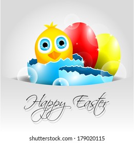 Happy Vector Easter Background with chick in broken egg and text