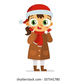 Happy vector girl character in winter coat and Santa's hat cheering isolated on white