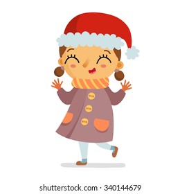 Happy vector girl character in winter coat and Santa's hat cheering isolated on white, Christmas and New Year character