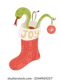 Happy vector hand drawn snake with Christmas ornament in traditional Christmas sock with word JOY. Childish holiday illustration isolated on white background. Flat design for Christmas decoration