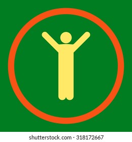 Happy vector icon. This rounded flat symbol is drawn with orange and yellow colors on a green background.