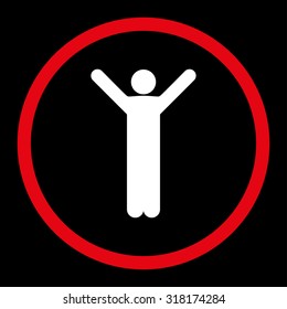 Happy vector icon. This rounded flat symbol is drawn with red and white colors on a black background.