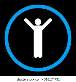 Happy vector icon. This rounded flat symbol is drawn with blue and white colors on a black background.