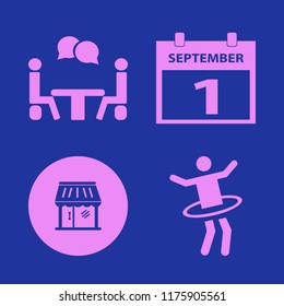 happy vector icons set. with gymnastic hula hoop, first september calendar, talking people and shop in set