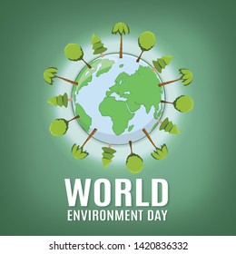Happy vector illustration of World Environment Day. Abstract composition of a 3d planet earth globe with different trees and bright light effects on top of green background.
