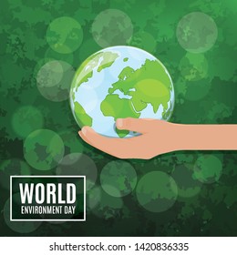 Happy vector illustration of World Environment Day. Abstract composition of a hand holding 3d earth globe with light effects on top of a beautiful green background.