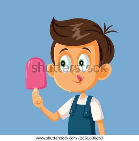 
Happy Vector Little Boy Holding an Ice Cream Ready to Eat It. Funny kid with a sweet tooth craving for a dessert 
