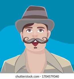 Happy vector man with a big mustache  wearing a hat standing in front of a blue background