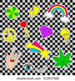 Happy vector patches, retro badges with lucky clover, heart, star, diamond, eye, rainbow, key, light bulb, cannabis over gray background. Cute stickers, pins, icons, labels for embroidery