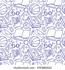 Happy vector pattern for first day at school. Cute linear texture on blue color. Great for your design, poster, advertising, decoration in back to school style. Book, notepad, sport ball, letters etc.