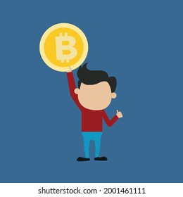 happy vector person with bitcoin money  in his arm  