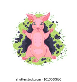 Happy vector pig on summer meadow in dirty puddle illustration. 