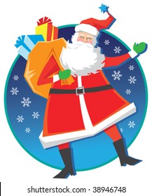 Happy vector Santa Claus with bag and presents on a circular blue background with snowflakes.