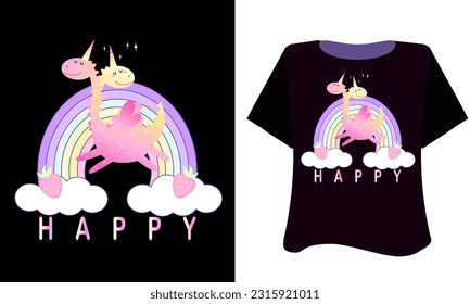 Happy  Vector slogan with an  cute unicorn with raibow on pink background for t shirt, poster, dress, nightie, kids backpack. Inspirational quote card, invitation, banner, lettering poster