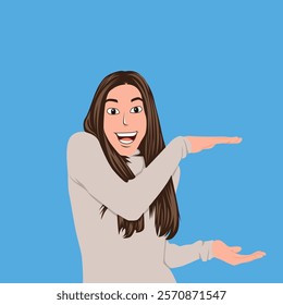 Happy vector woman with long brown hair pointing to a place to display. Ideal for promotional materials, advertisements or templates that require a cheerful and vibrant illustration design.