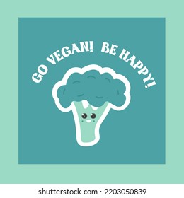 Happy vegan cute broccoli character vector illustration
