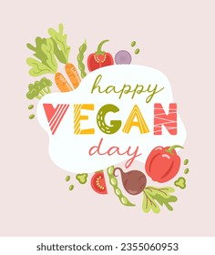 Happy vegan day. Banner in cartoon style. Fresh seasonal vegetables, harvesting. Carrots and peppers, beets, beans and onions. Lettering in Scandinavian style. For advertising, website, poster, flyer.
