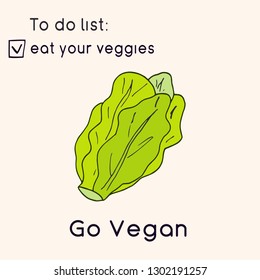 Happy Vegan day card. Doodle style illustration. Greeting card with inscription Go vegan. Eat your veggies cards. Vegetables