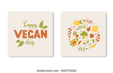 Happy Vegan Day set of greeting card for World Vegan Day on 1st of November isolated on white background. Hand lettering. Doodle style vector illustration of vegetables and leaves