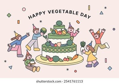 Happy Vegetable Day. Cute kids are celebrating by making a giant cake out of vegetables. Cuttiny character with outline.