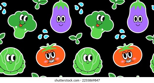 Happy vegetable seamless pattern in trendy vintage cartoon style. Retro cooking ingredient, vegetarian background illustration with funny healthy food stickers.