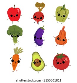 happy vegetables with arms and legs on the white background