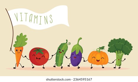 Happy vegetables go hand in hand after each other. Vector vegetable isolates in a cartoon style. Vitamins