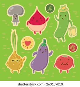 Happy Vegetables Sticker Set: happy cucumber, stylish onion, little mushroom, dancing aubergine, smiley radish, cute tomato.