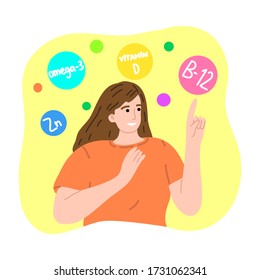 Happy vegetarian girl with vitamins and minerals in products infographic concept. Vector illustration in cartoon style.