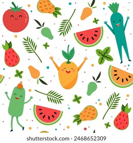 Happy Veggies, funny fruits, vegan healthy vegetarian Organic food design seamless pattern. Hand drawn style for fabric print design,  textiles, wrapping, packaging, kitchen wallpaper - vector design.