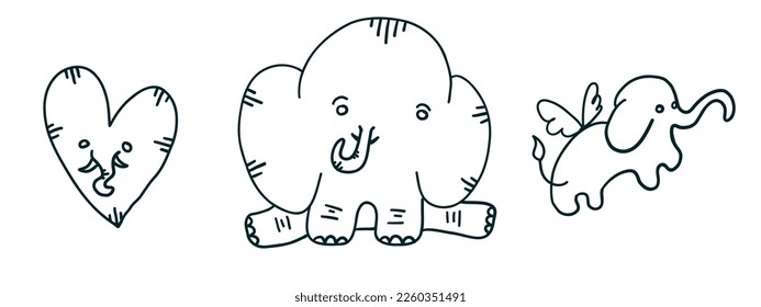Happy Velentine Day. Lovely Elephants in outline doodle flat style isolated on white background.
