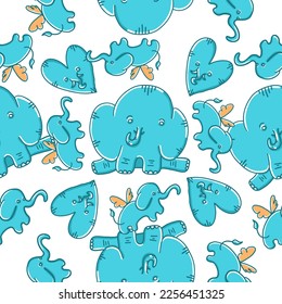 Happy Velentine Day. Seamless pattern. Lovely Elephants in outline cartoon flat style isolated on white background.