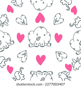 Happy Velentine Day. Seamless pattern. Lovely Elephants in outline doodle flat style isolated on white background.