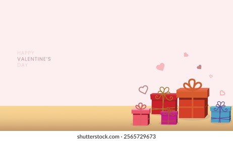 Happy Velentine's Day background with gifts boxes and love icon suit for web poster, flyer, stylish brochure, greeting card, cover. Romantic background