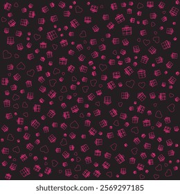 Happy Velentine's Day background with seamless pattern gifts boxes icon suit for web poster, flyer, stylish brochure, greeting card, cover, wallpaper isolated in black