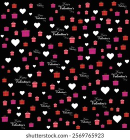 Happy Velentine's Day background with seamless pattern gifts boxes icon suit for web poster, flyer, stylish brochure, greeting card, cover, wallpaper isolated in black